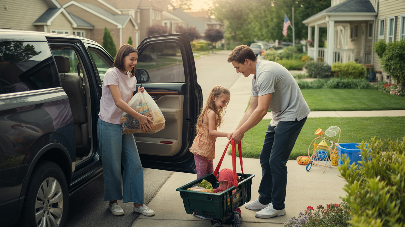 A family unloads groceries from their car in the driveway of their suburban Schaumburg home at sunset.