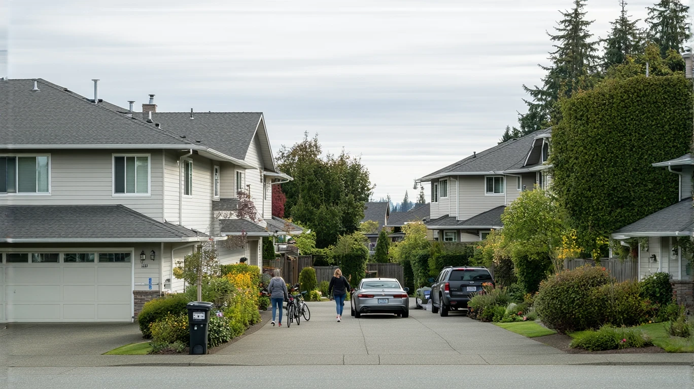 A young woman walking her dog on a sidewalk in a quiet residential neighborhood in Edmonds, Washington.
