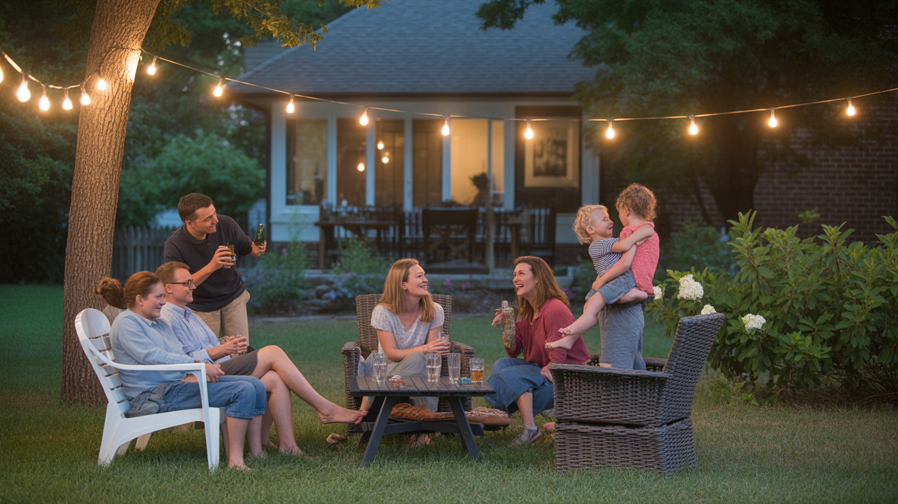 Neighbors gather in a backyard in Indian Trail, NC with string lights and casual outdoor furniture