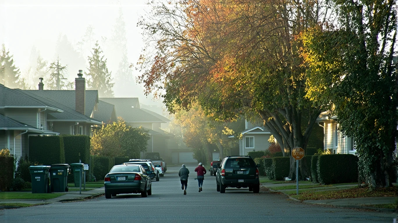 A misty fall morning street in Federal Way with a jogger passing by
