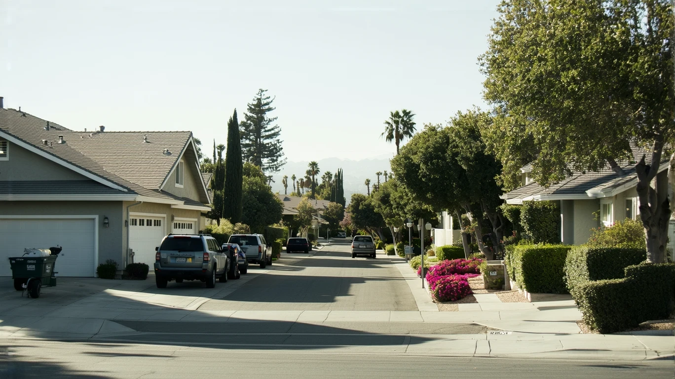 Residential street in Escondido, CA with modest single-family homes and drought-tolerant landscaping on a sunny day.