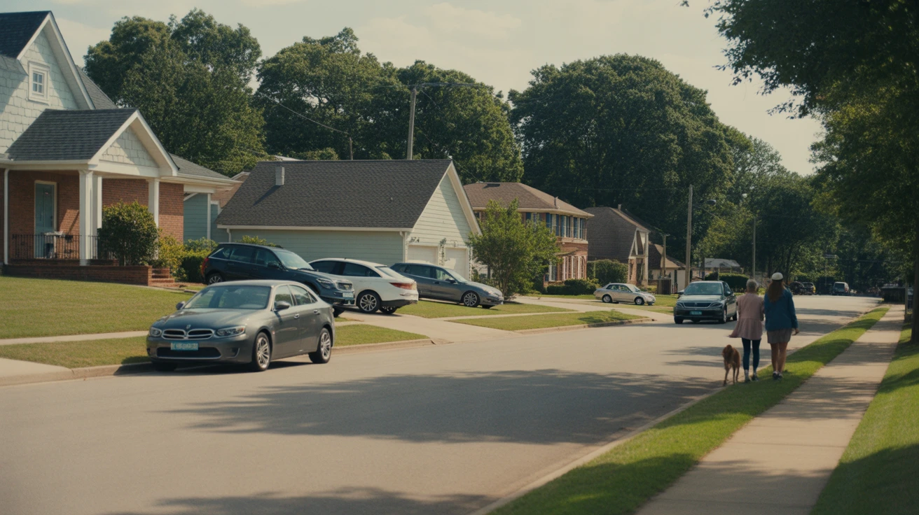 A sunny residential street in Gallatin, TN with modest single-family homes, parked cars, and a person walking in the distance.