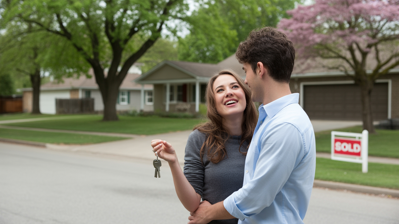 A young couple stands in the driveway of their new home in Lyndon, KY, smiling and holding keys