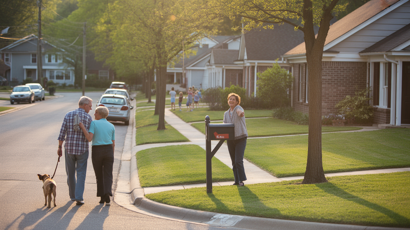 A quiet suburban street corner in the early evening, with a few parked cars, modest homes, and neighbors out walking and chatting.