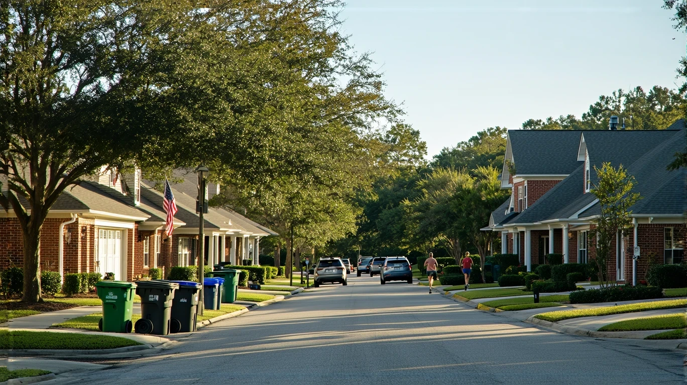 A jogger runs past red-brick homes and recycling bins lined up along a suburban street in Ocoee, Florida on a sunny morning.