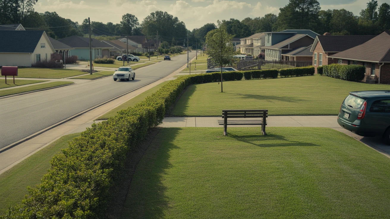 A neighborhood park with hedges and a bench, seen from across a suburban street in Gallatin, Tennessee.