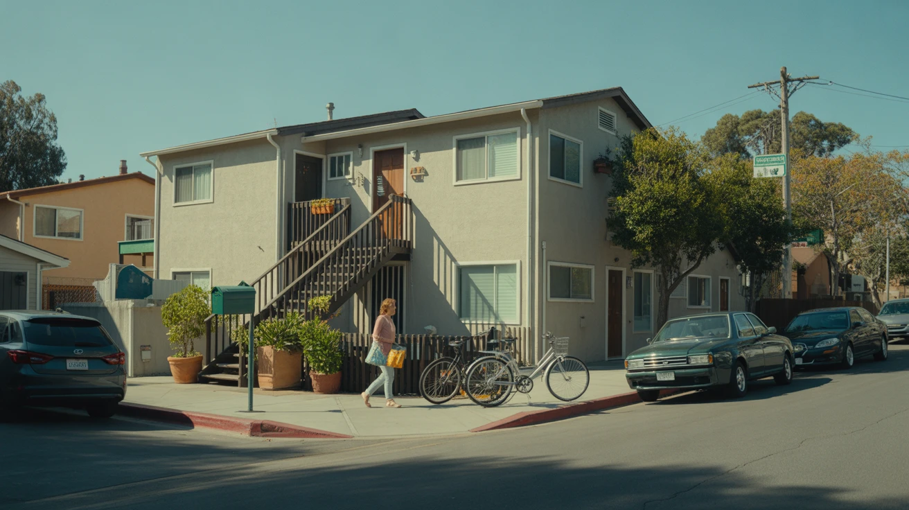 An apartment building in Escondido, California with potted plants, bicycles, and a resident carrying groceries up the stairs.
