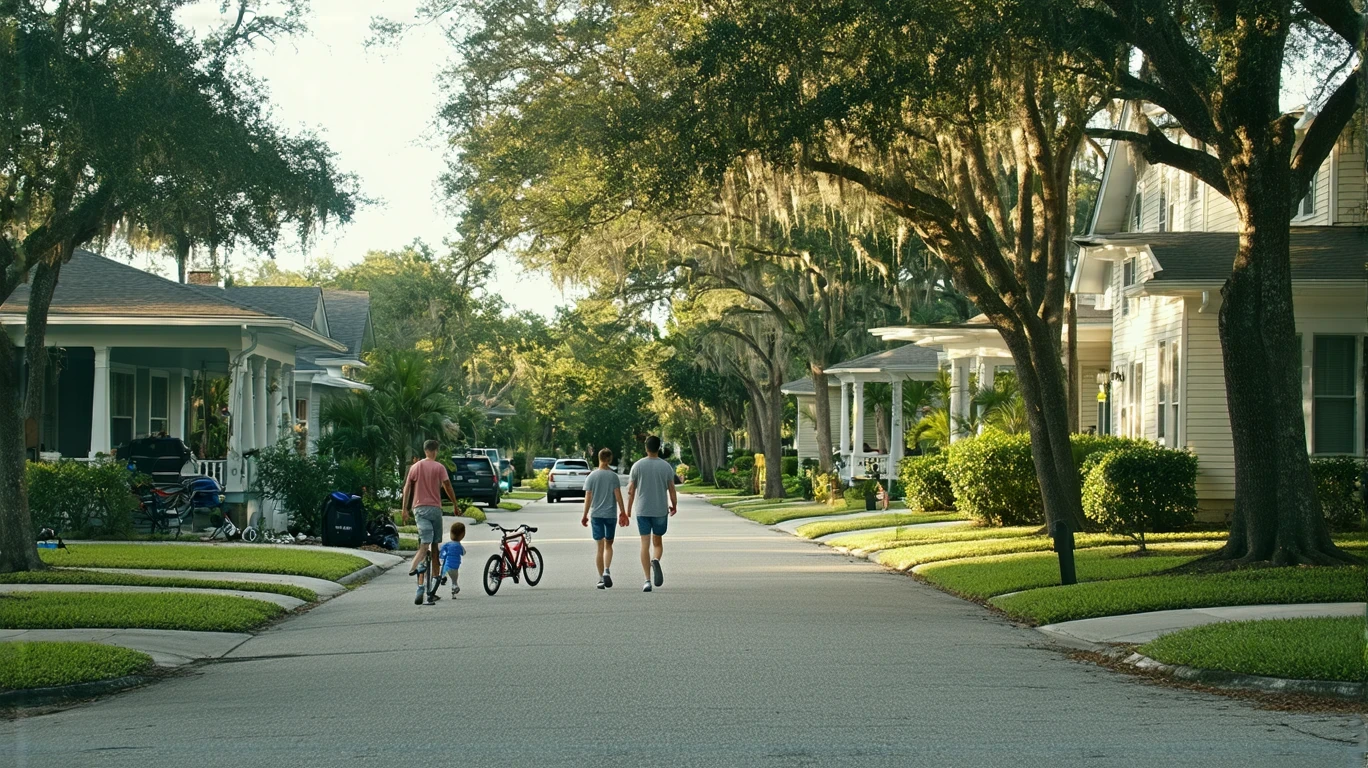 A quiet suburban street in Sanford, Florida with craftsman-style homes, a couple walking their dog, and a child's bike on a front porch.