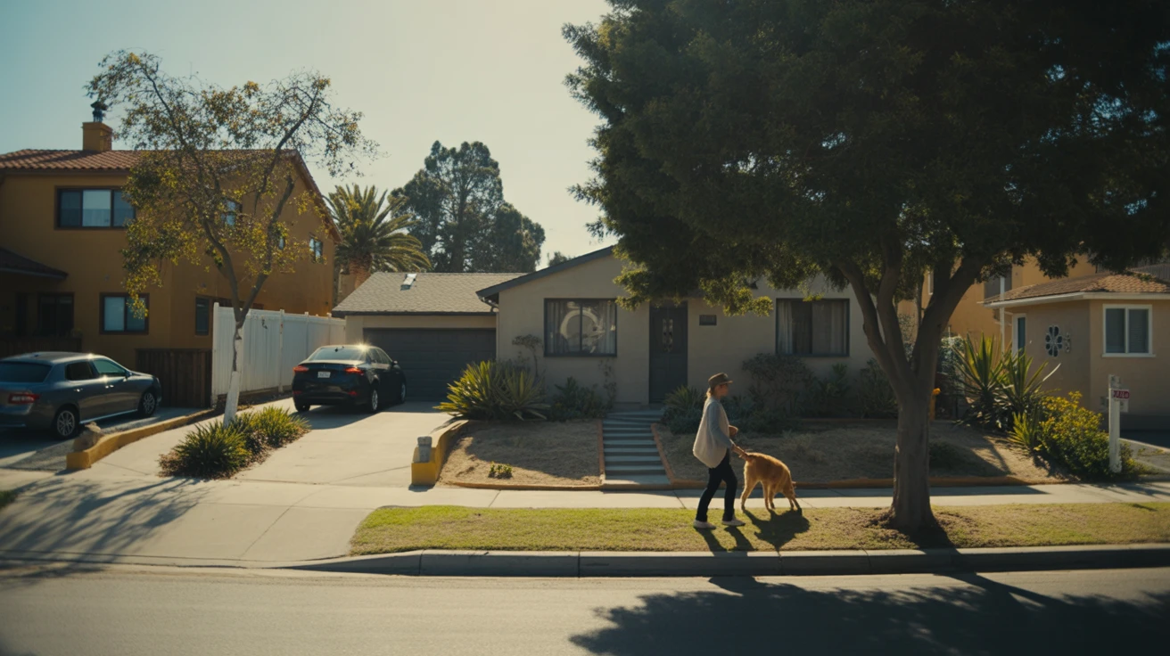 Exterior view of a single-family home in Chula Vista, California with xeriscape front yard on a sunny morning. A person walks their dog on the sidewalk.