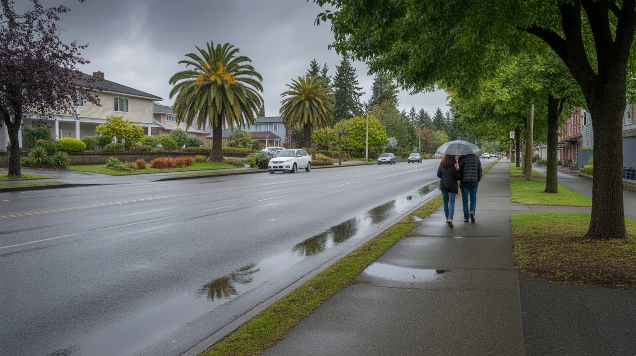 A suburban Seattle street on a rainy day, with palm trees and puddles on the sidewalk