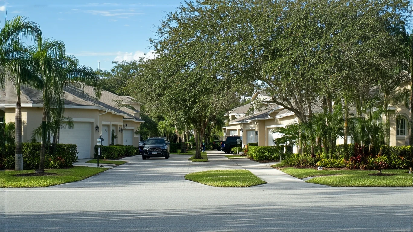 Quiet suburban street in Oviedo, Florida with stucco homes and tropical landscaping