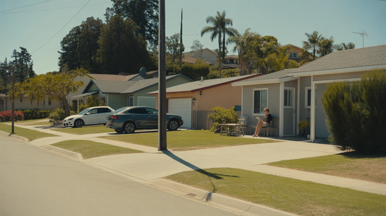 Quiet suburban street in Vista, CA lined with modest single-family homes and parked cars on a sunny day.