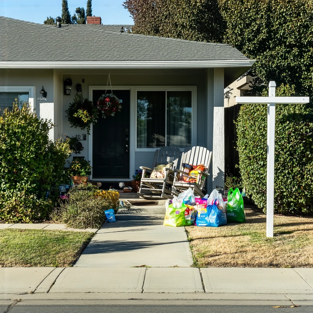 Front porch of a Santee home with grocery bags by the door