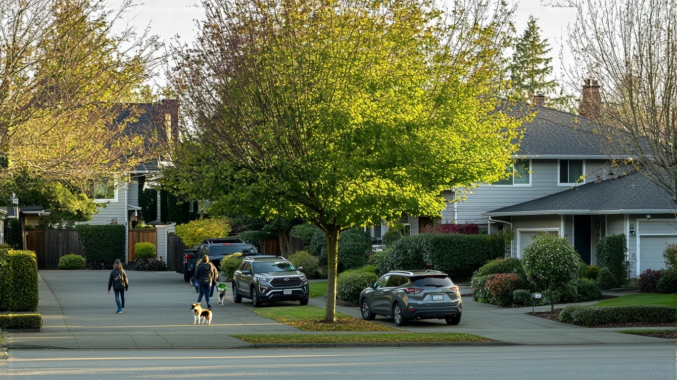 A tree-lined suburban street in Auburn, WA with Craftsman homes and a couple walking their dog