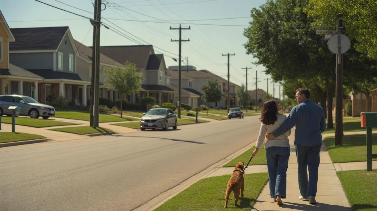 A couple walking their dog on a sidewalk in a quiet Carrollton, TX neighborhood with modern homes and tidy yards.