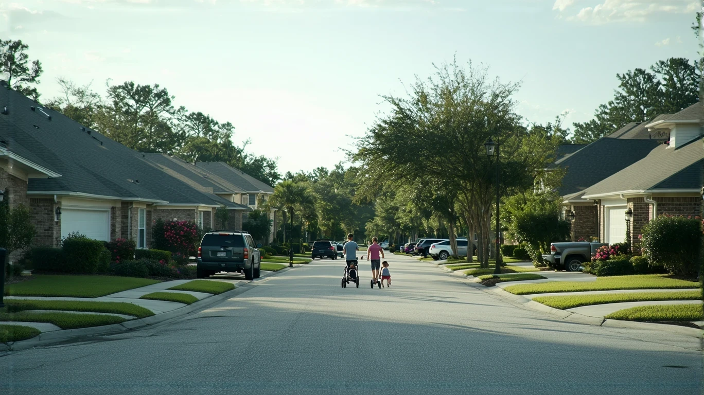A father pushes a stroller down a sidewalk while his daughter rides a bike ahead of him on a residential street in Apopka, Florida lined with modest craftsman and ranch homes.