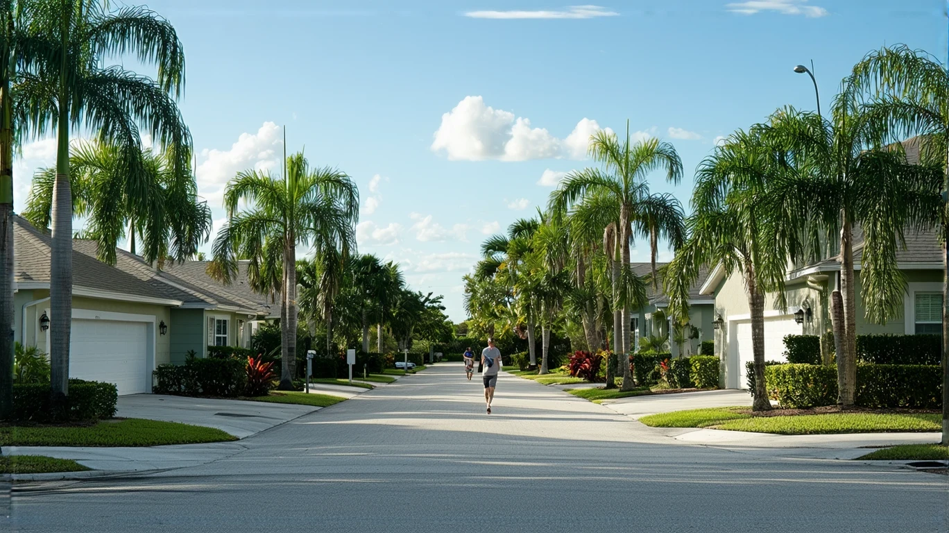 Suburban street in St Petersburg Florida with stucco homes and palm trees