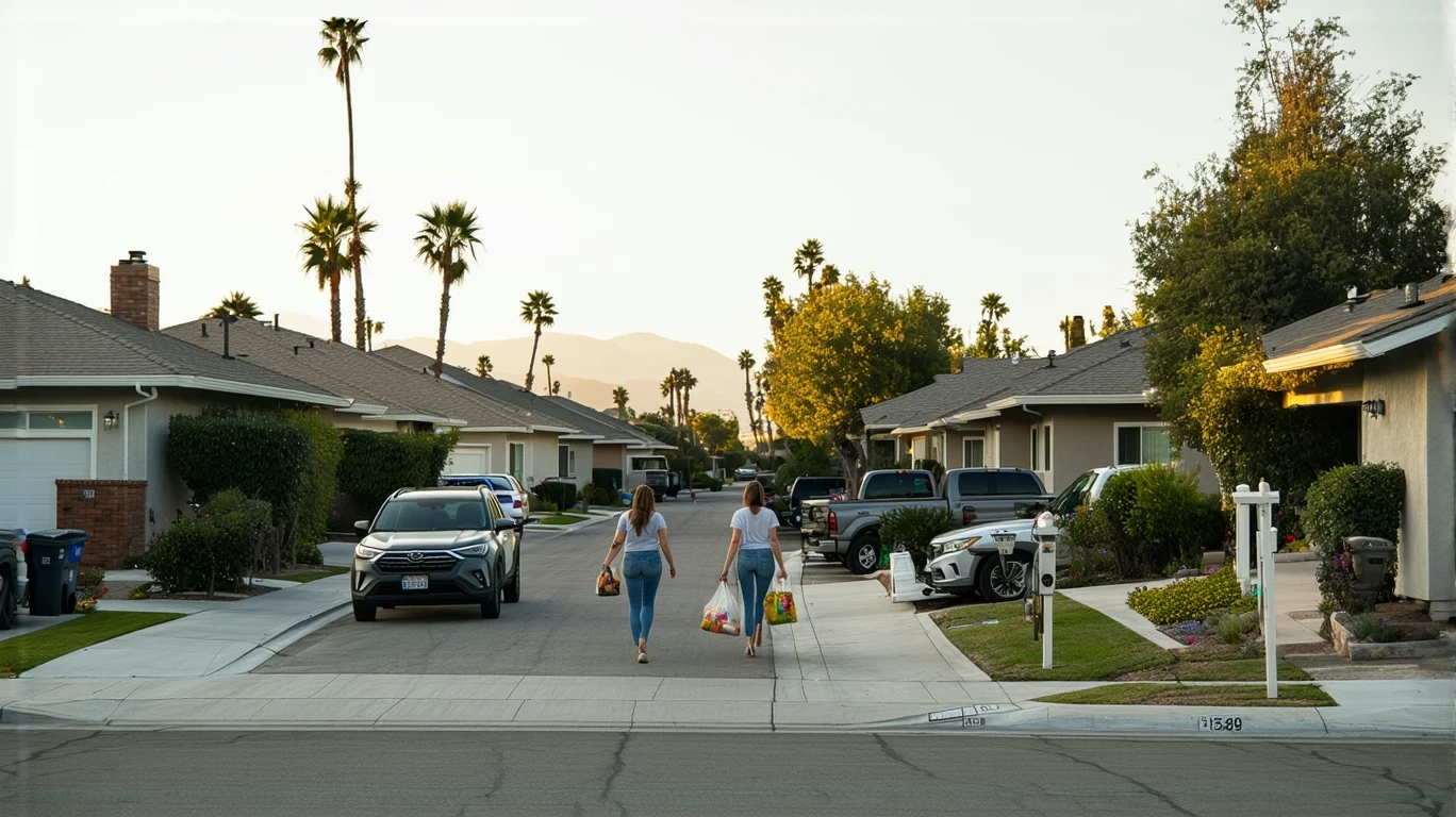 A woman carrying groceries walks past modern single-family homes on a quiet residential street in Lemon Grove, California.