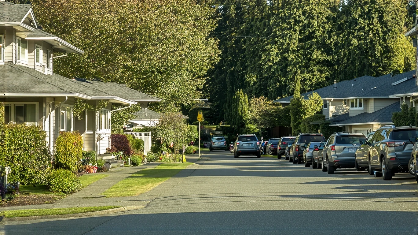A peaceful street in Edmonds, WA lined with modest craftsman homes and tidy landscaping.