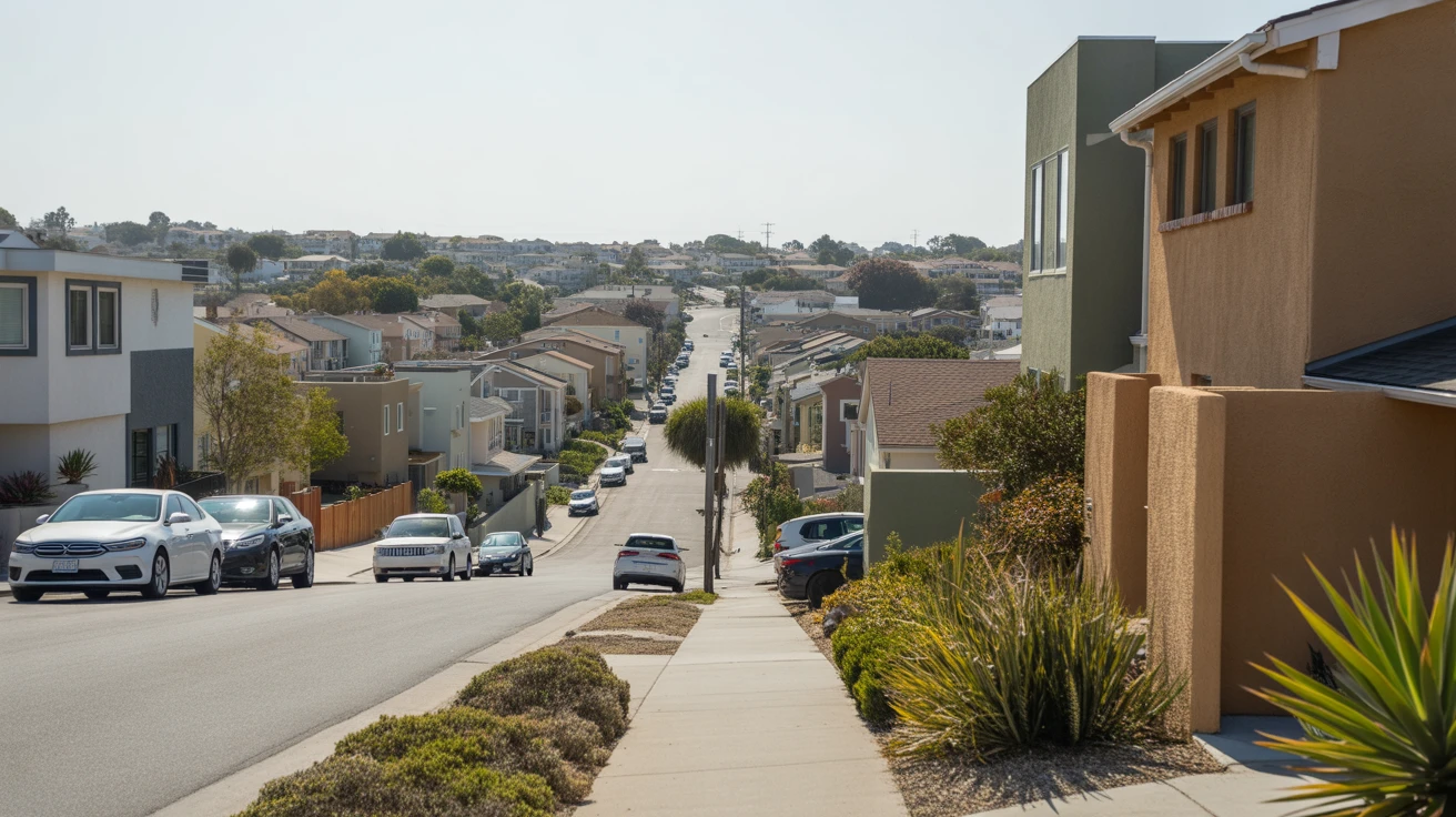 A sunny residential street in Chula Vista lined with a mix of apartment buildings and single-family homes.