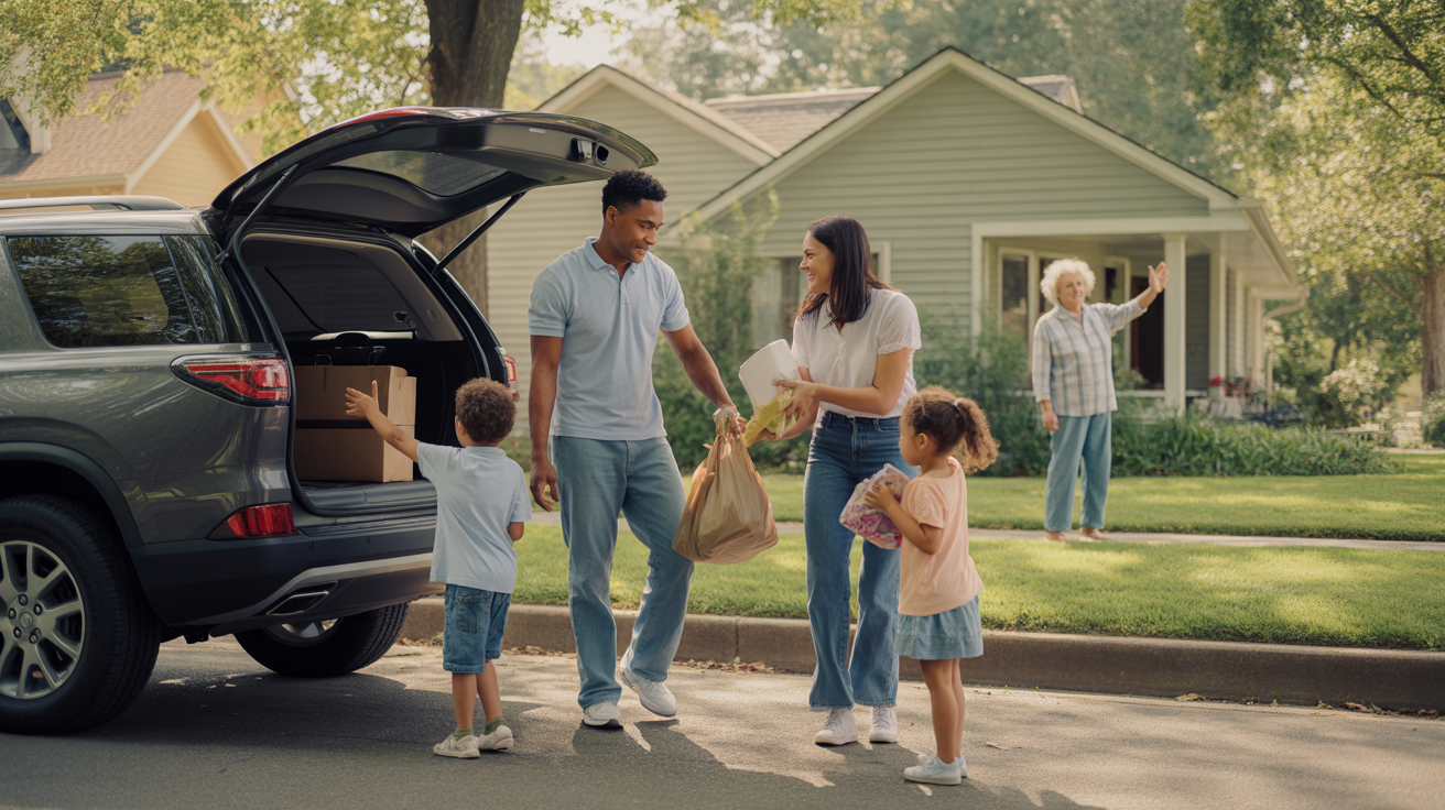 A young diverse family unloads groceries in the driveway of their suburban home in Matthews, NC on a warm, sunny day.