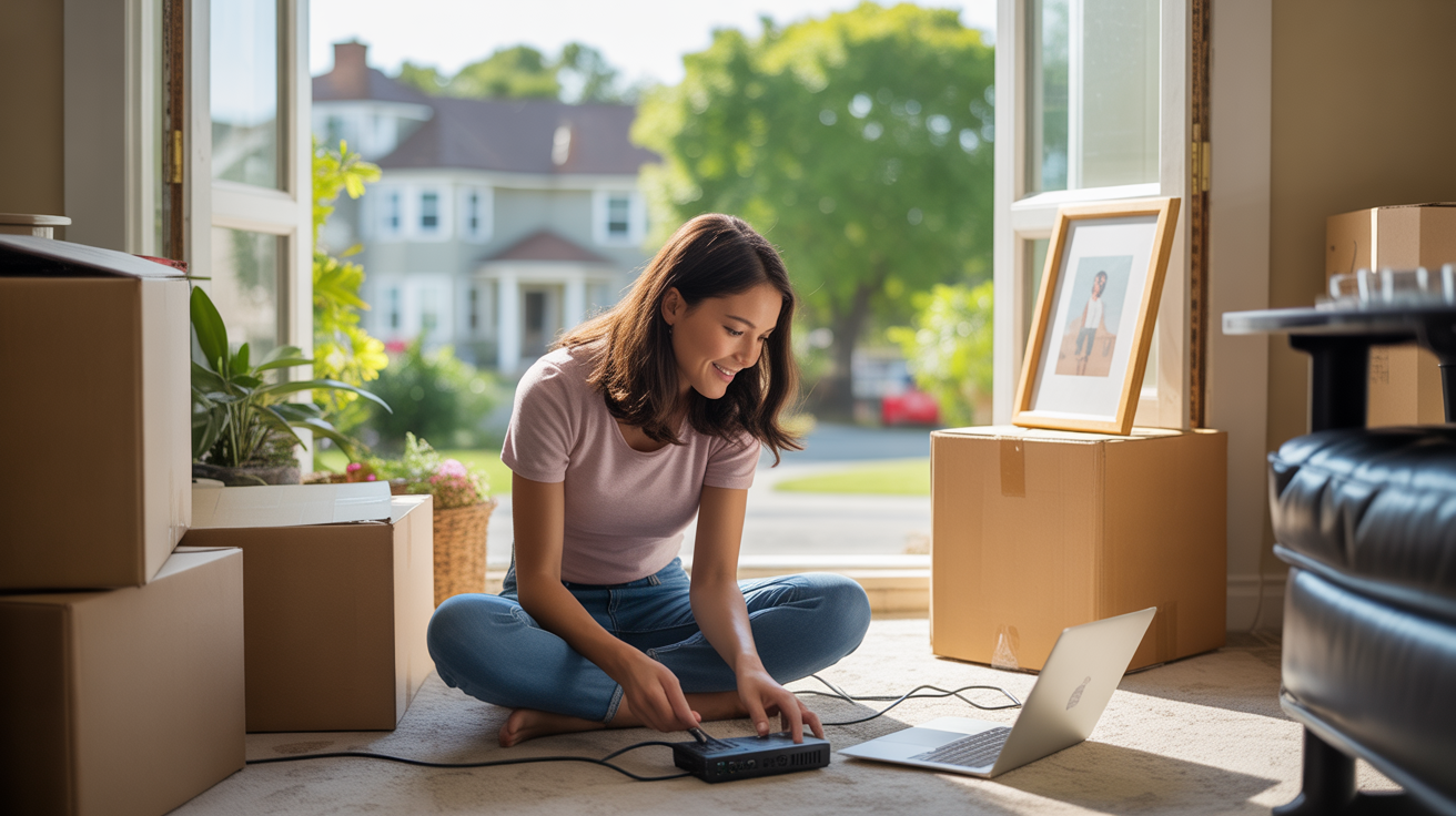 Young woman setting up Wi-Fi router in new Lyndon apartment, surrounded by moving boxes and warm light