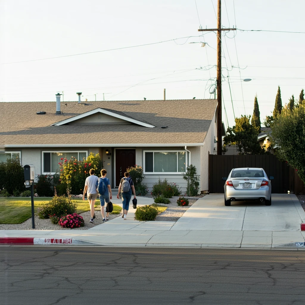 A couple walking up the driveway of their ranch style home in La Mesa, California on a sunny day.