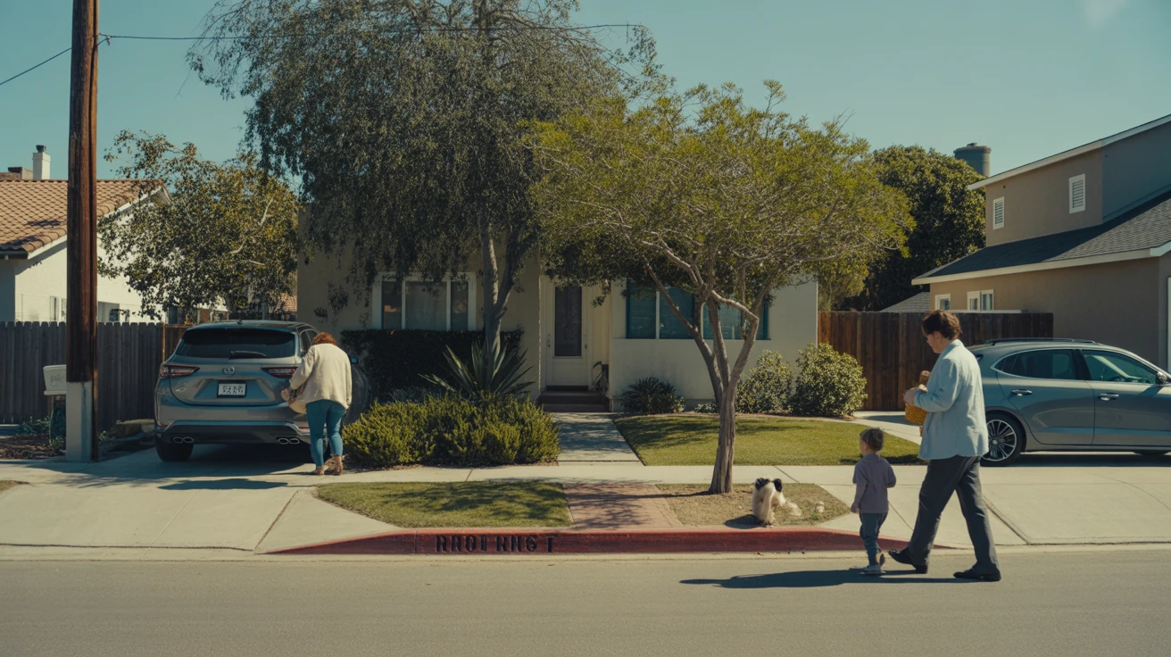 Exterior view of a neat suburban home in National City, California with xeriscape front yard, driveway, and sidewalk on a sunny day. A woman carries groceries from her parked car.