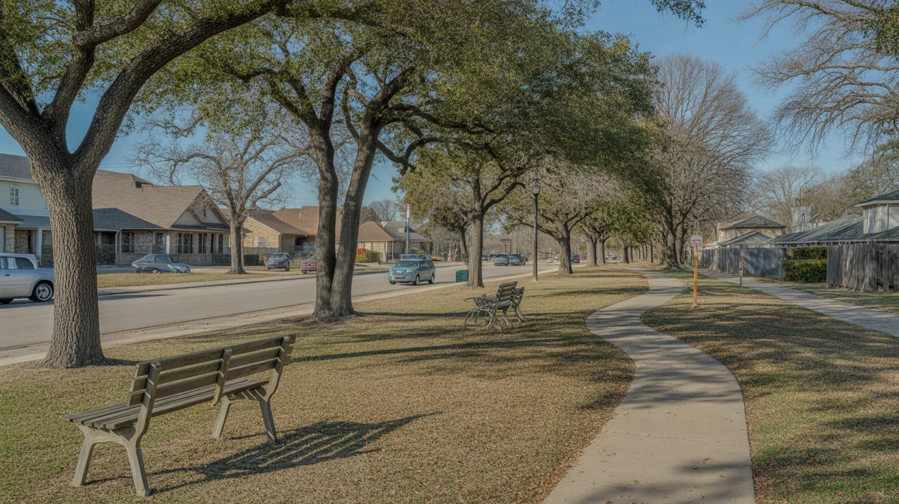 A tranquil neighborhood park in Carrollton, TX with oak trees, empty benches, and a walking path in the late afternoon sun