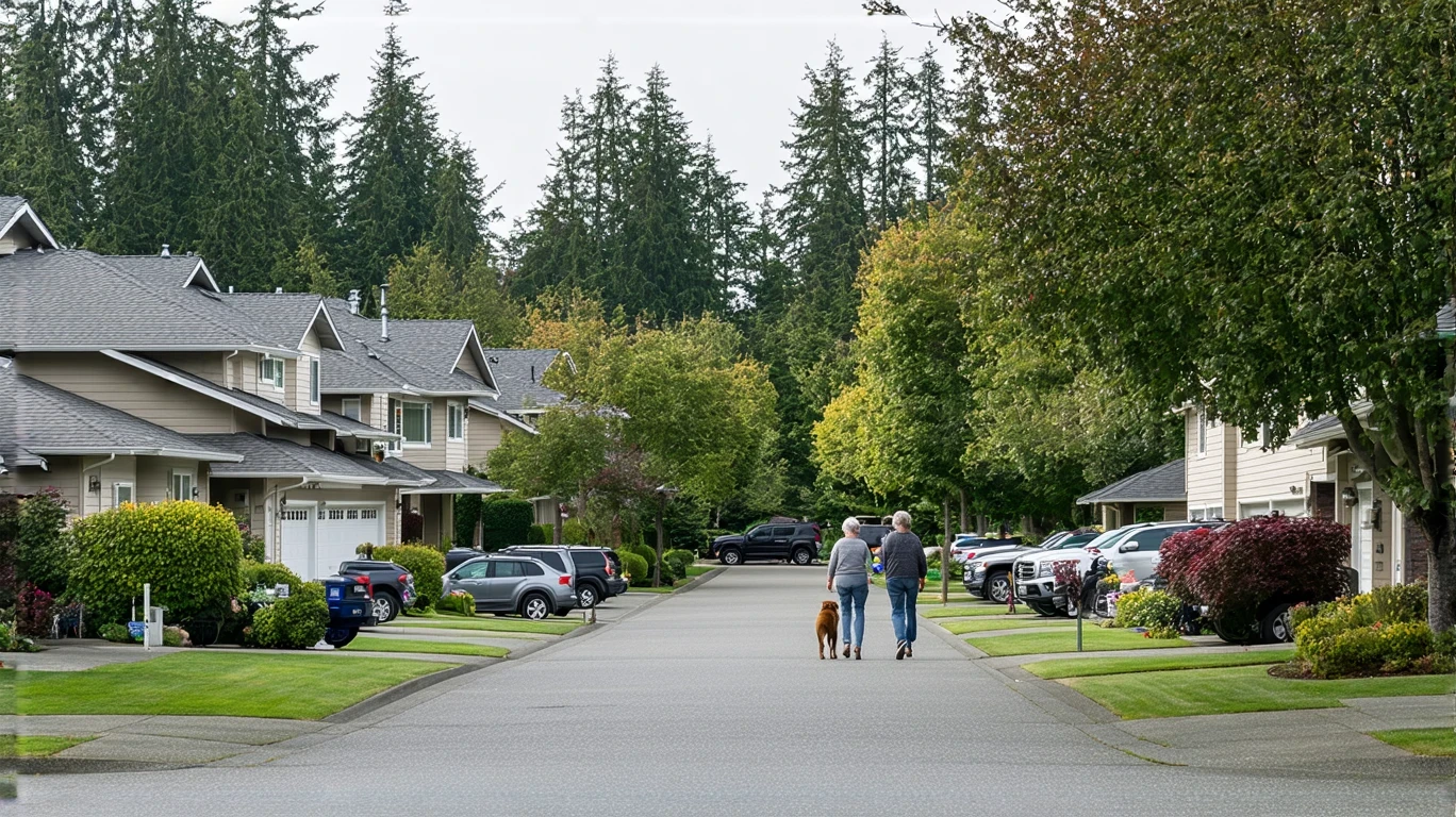 A residential street in Federal Way, WA lined with craftsman-style homes and featuring people walking and sitting on porches.