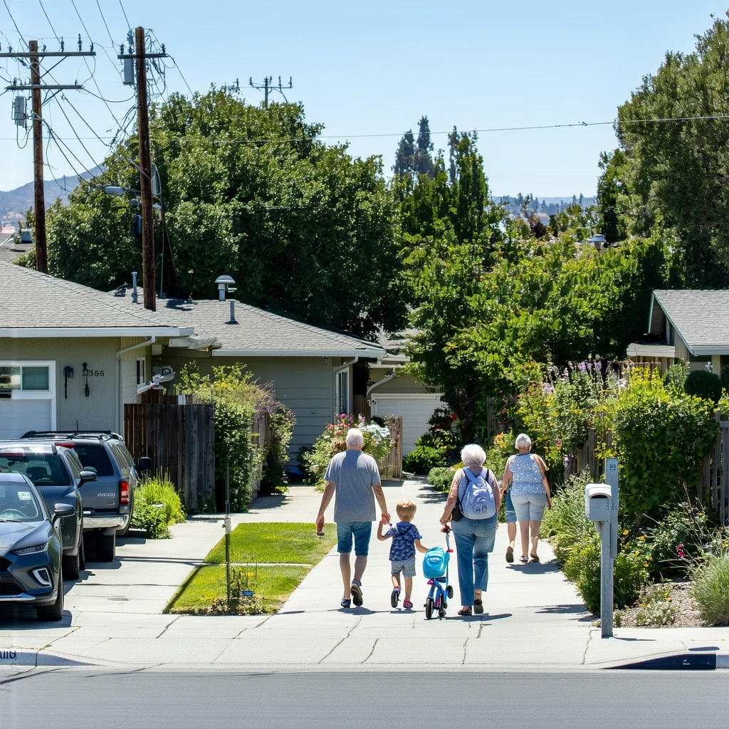 A sunny residential street in La Mesa, California with modern homes, parked cars, and a few residents walking and gardening.