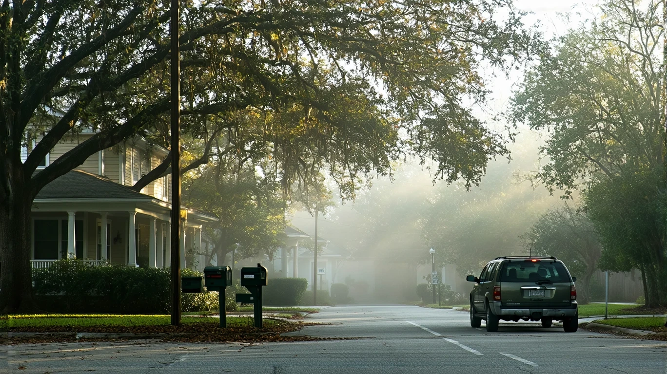 A foggy morning street in Altamonte Springs with mailboxes and a parked car under a maple tree.