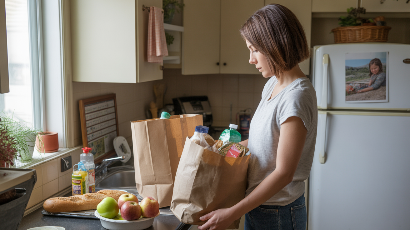 A sunlit kitchen counter with grocery bags, fresh produce, and baked goods in a Boulder City home.