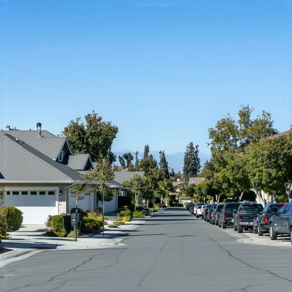A residential street in Santee, California lined with a mix of single-family homes and small apartment buildings on a sunny day.