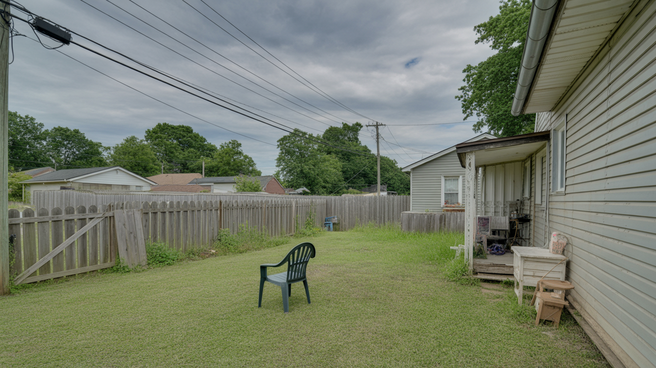 A view of an overgrown backyard and weathered house exterior in Wake Forest, NC under stormy skies.