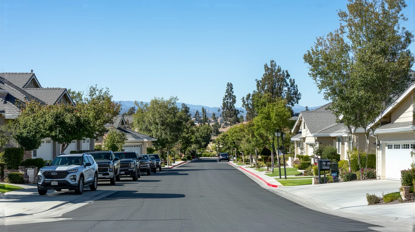 A sunny suburban street in Poway, California lined with single family homes, parked cars, sidewalks, and small yards.