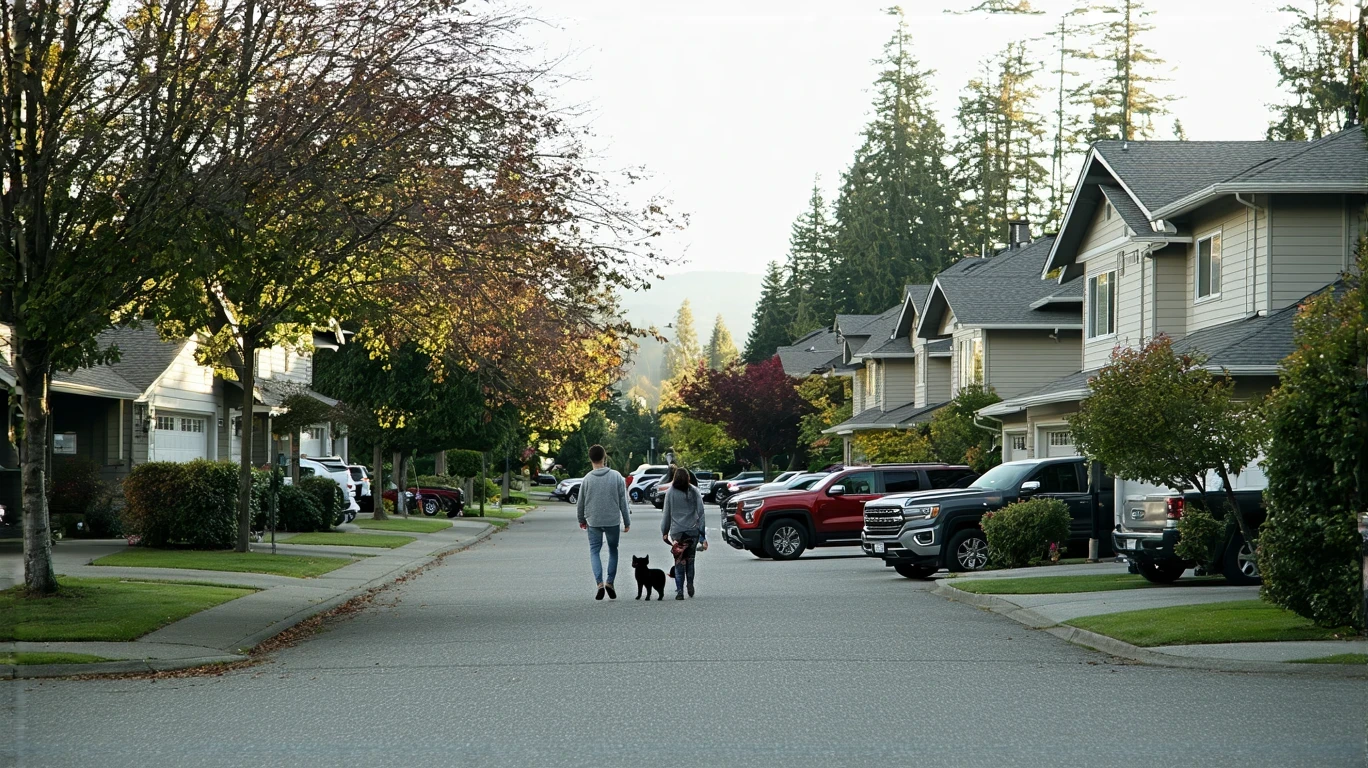 A suburban street in Kent, Washington with craftsman homes, a couple walking their dog, and a parked car in a driveway.