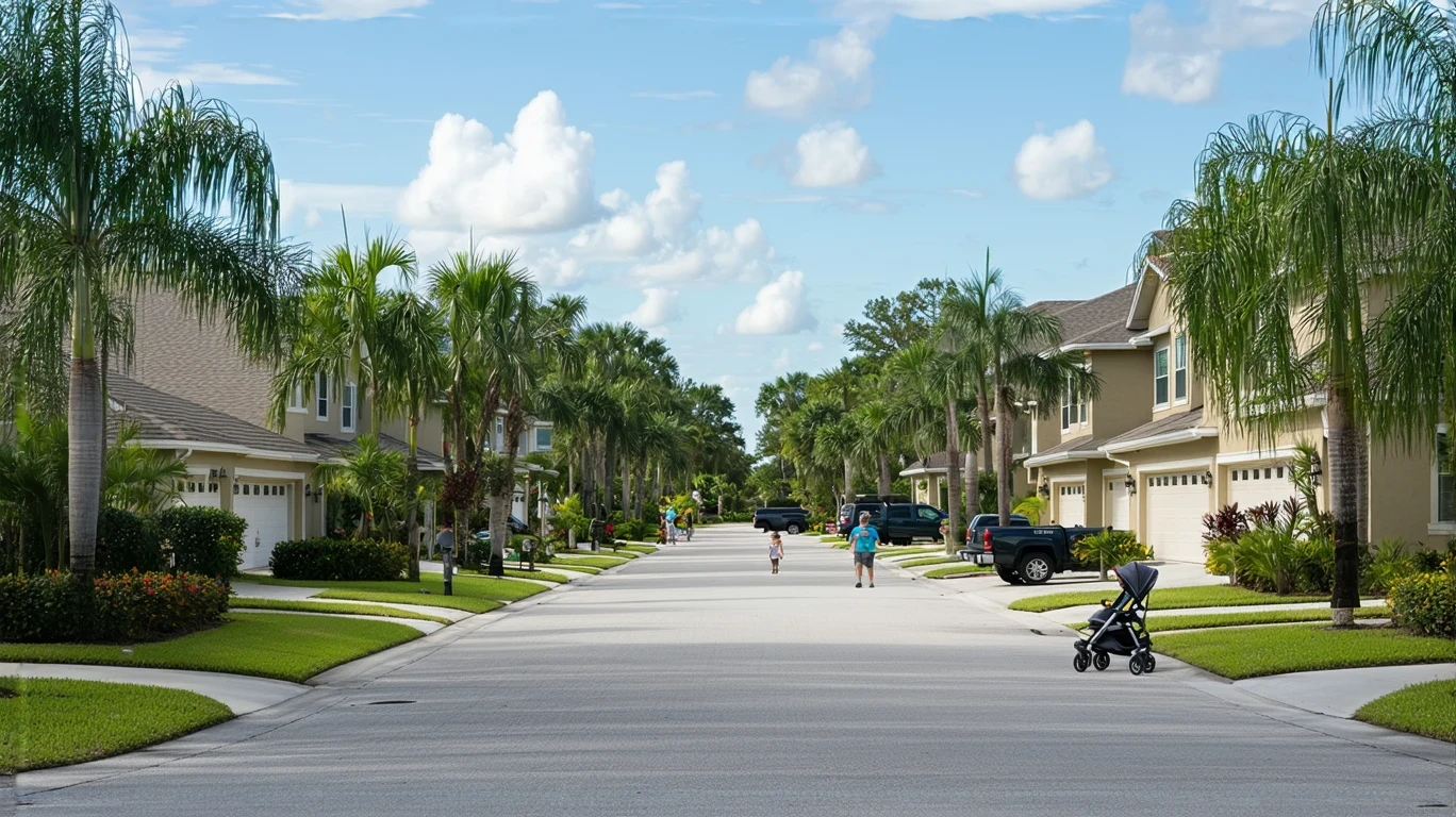 A sunny suburban street in St Cloud, Florida lined with well-maintained stucco homes, tropical landscaping, and a family walking on the sidewalk.