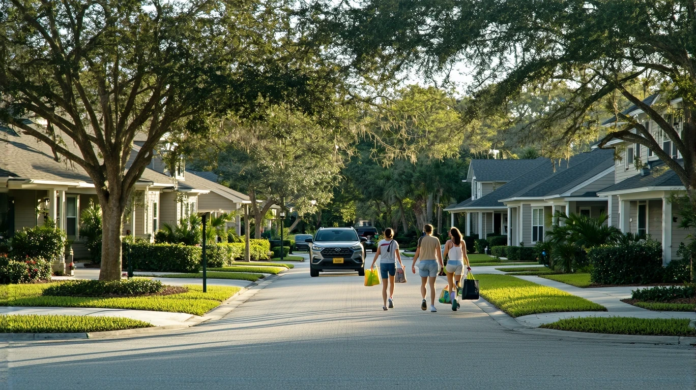 Couple carrying groceries walking down sidewalk in suburban Sanford Florida neighborhood