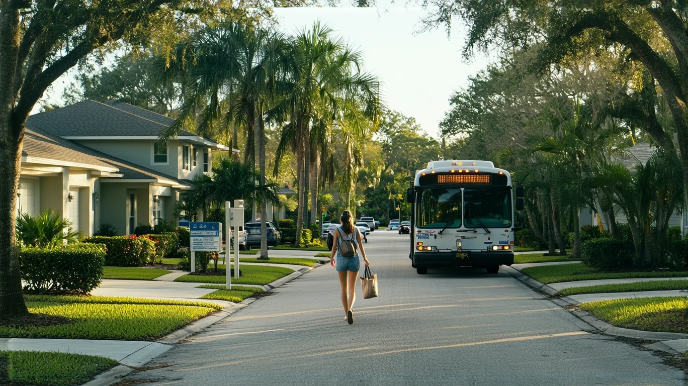 A woman walking to a bus stop in a modest Clearwater neighborhood on a sunny morning.