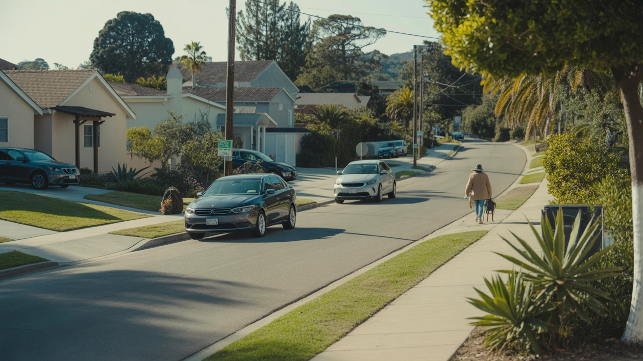 A sunny suburban street in San Marcos, California lined with modern single family homes, tidy yards, and a few parked cars.