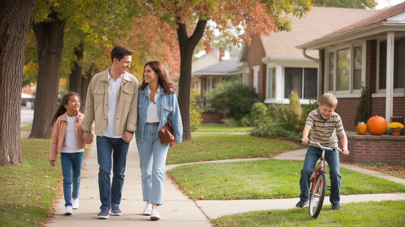 A couple walks their daughter to school on a tree-lined street in Skokie, IL