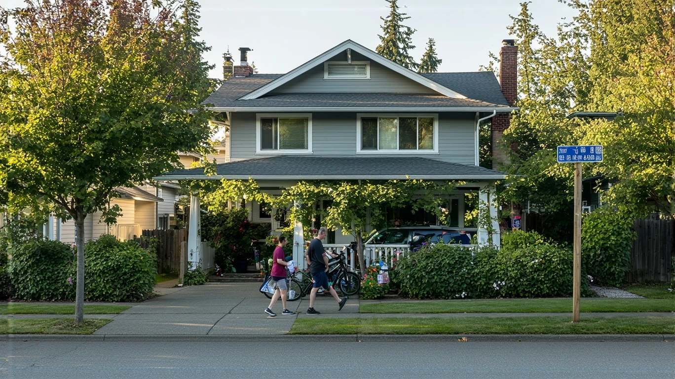 A craftsman-style home in Kent, WA with a person walking on the sidewalk carrying groceries.