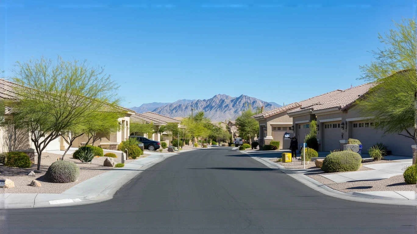 Residential street in Summerlin South with stucco homes, xeriscaped yards, mountains in distance.