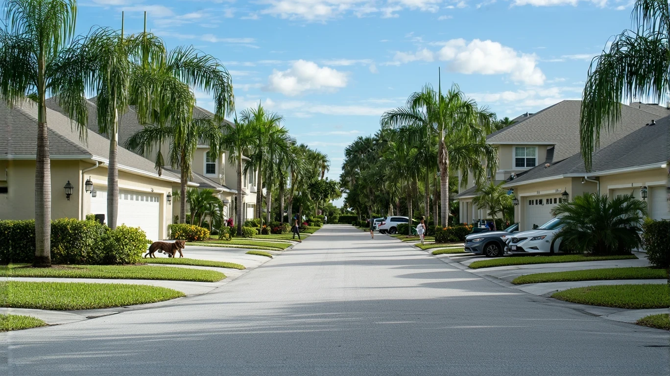 A quiet residential street in Maitland, Florida with stucco homes, tropical landscaping, and a parked car.