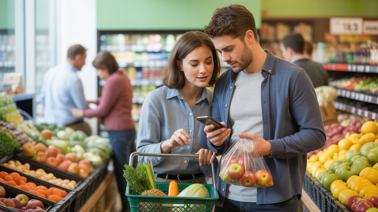A couple shops for groceries together in a Schaumburg store, comparing prices and selecting fresh produce.
