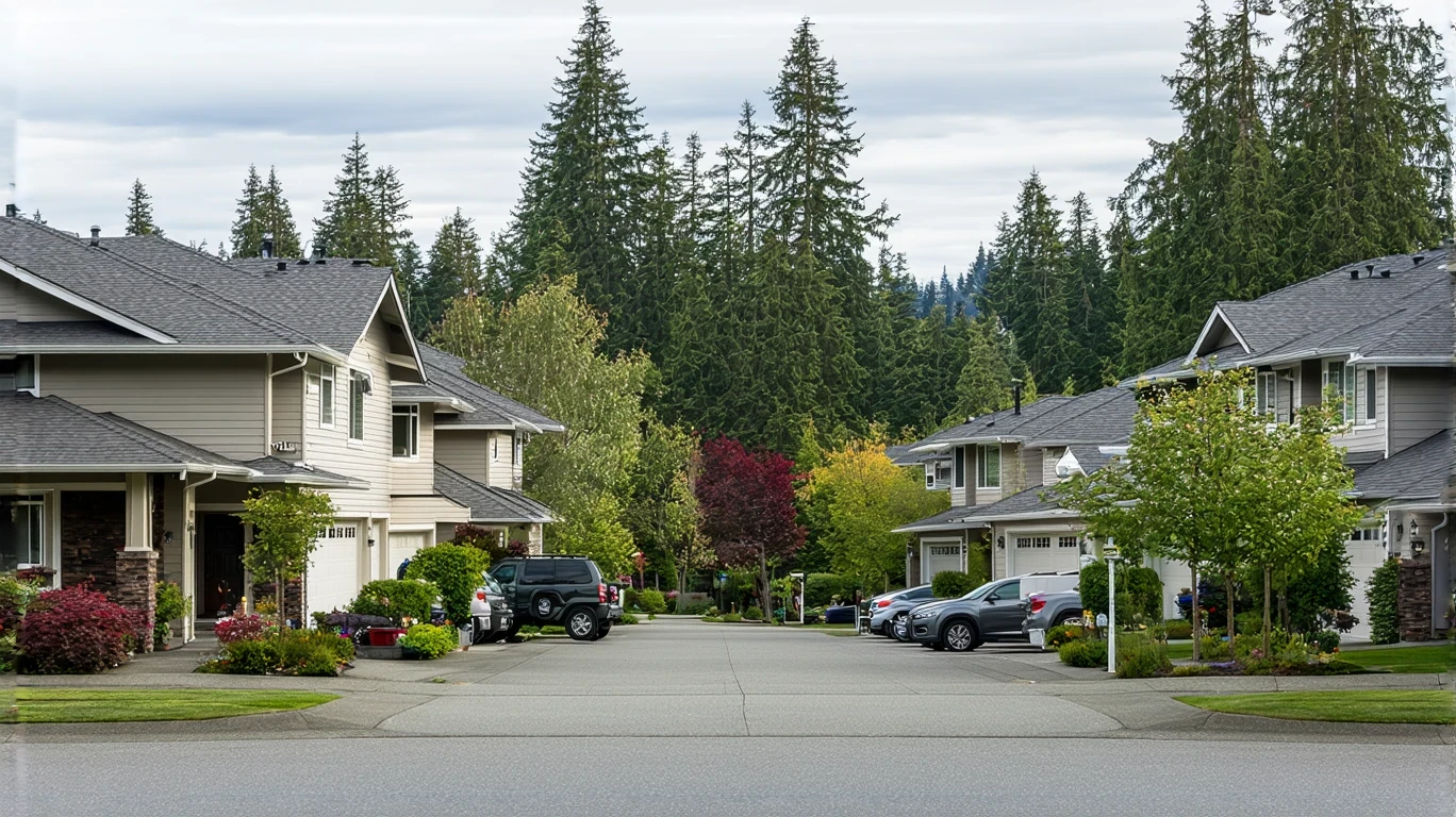 A peaceful suburban street in Kirkland, WA lined with craftsman-style homes and evergreen trees.