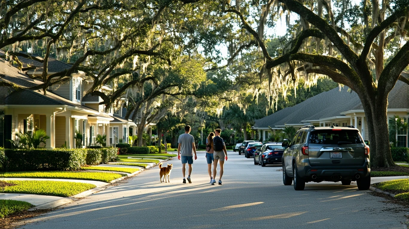 A sunny suburban street in Maitland, Florida with craftsman homes, a young couple walking their dog, and an SUV parked in a driveway.