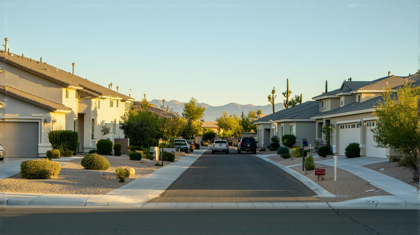 A quiet residential street in Blue Diamond, Nevada with stucco homes and xeriscaped yards.