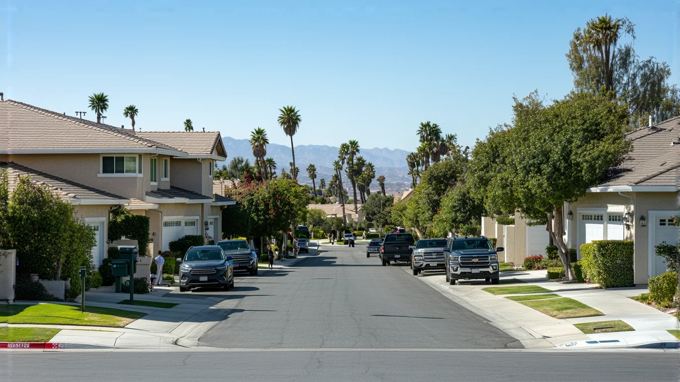 A quiet suburban street in Escondido, California lined with modest single family homes, parked cars, sidewalks, and small front yards.